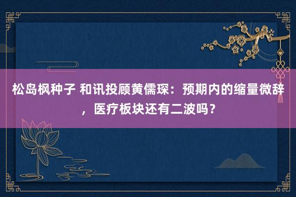 松岛枫种子 和讯投顾黄儒琛：预期内的缩量微辞，医疗板块还有二波吗？